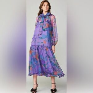 Current Air Los Angeles Sheer Floral Organza Midi Dress Ruffle Hem NWT S